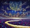 painting big planet moon starry night sky and glowing river among purple fields Royalty Free Stock Photo