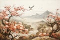 painting of a bird in bright, beautiful colors among flowers, roses, branches and butterflies, vintage drawing in a Japanese style