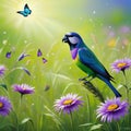 painting of bird singing in field of flowers with butterfly nearby and a Royalty Free Stock Photo