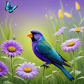 painting of bird singing in field of flowers with butterfly nearby and a Royalty Free Stock Photo