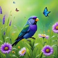 painting of bird singing in field of flowers with butterfly nearby and a Royalty Free Stock Photo