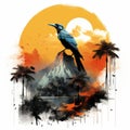 a painting of a bird on top of a mountain with palm trees Royalty Free Stock Photo