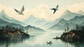 A painting of birds flying over a lake and mountains. Generative AI image. Royalty Free Stock Photo