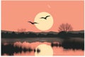 a painting of birds flying over a lake at sunset Royalty Free Stock Photo