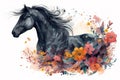 A painting a black horse head with colorful tropical flowers. Wildlife Animals. Illustration, Generative AI Royalty Free Stock Photo