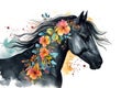 A painting a black horse head with colorful tropical flowers. Wildlife Animals. Illustration, Generative AI Royalty Free Stock Photo