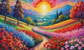 A painting in bloom with poppies with bright vivid colors. Summer countryside. Rural houses and high cypress trees on hill