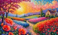 A painting in bloom with poppies with bright vivid colors. Summer countryside. Rural houses and high cypress trees on hill