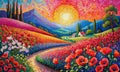 A painting in bloom with poppies with bright vivid colors. Summer countryside. Rural houses and high cypress trees on hill Royalty Free Stock Photo