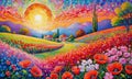 A painting in bloom with poppies with bright vivid colors. Summer countryside. Rural houses and high cypress trees on hill