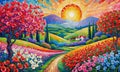 A painting in bloom with poppies with bright vivid colors. Summer countryside. Rural houses and high cypress trees on hill