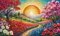 A painting in bloom with poppies with bright vivid colors. Summer countryside. Rural houses and high cypress trees on hill