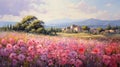 Charming Impressionist Landscape: Vineyards And Pink Flowers In Provence