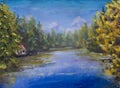 Painting Blue river in forest. House in woods on banks of river. Royalty Free Stock Photo