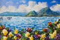 Painting Blue sea and sky, white fluffy clouds, boat in ocean, mountains, waves. A flower meadow of red and yellow flowers. Sea ar Royalty Free Stock Photo