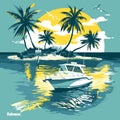 lifestyle in Bahamas flat vector illustration. A painting of a boat on a body of water with palm trees in the background Royalty Free Stock Photo