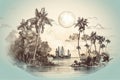 a painting of a boat in the ocean with palm trees Royalty Free Stock Photo