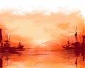 a painting of boats in the water at sunset