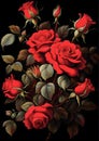 Painting bouquet of red roses with black background, esthetic, rococo