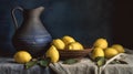 a painting of a bowl of lemons and a pitcher of lemons on a table cloth with a cloth on the tablecloth and a cloth on the table Royalty Free Stock Photo