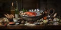 A painting of a bowl of seafood and a bottle of wine. AI generative image . Korean still life.