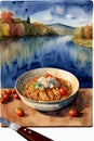 A Painting Of A Bowl Of Spaghetti And Tomatoes. Generative AI