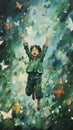 a painting of a boy jumping in the air with his arms up in the air with butterflies in the background Royalty Free Stock Photo