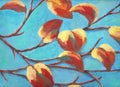 Painting of branch with colorful leaf and blue sky