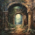 Painting of a brick archway in a lush forest, AI-generated.