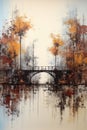 A painting of a bridge over a body of water, AI Royalty Free Stock Photo