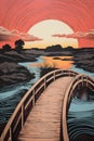 A painting of a bridge over a body of water Royalty Free Stock Photo