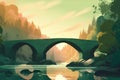 a painting of a bridge over a body of water with trees in the background Royalty Free Stock Photo