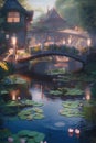 A painting of a bridge over a pond with lily pads. Generative AI image. Royalty Free Stock Photo