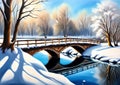 painting of a bridge over a river with snow on the ground, sunny park background, airbrush painting, unique landscape