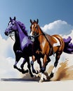 A painting of a brown horse with a purple mane and a purple and white horse. Royalty Free Stock Photo