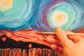 Painting brush, hand and oil canvas, artist`s hand, Acrylic and Full spectrum on Cardboard, Van Gogh The Starry Night