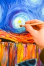 Painting brush, hand and oil canvas, artist`s hand, Acrylic and Full spectrum on Cardboard, Van Gogh The Starry Night