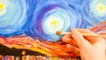 Painting brush, hand and oil canvas, artist`s hand, Acrylic and Full spectrum on Cardboard, Van Gogh The Starry Night