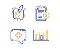 Painting brush, Privacy policy and Medical chat icons set. Column chart sign. Vector