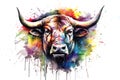 Painting of a bull head on white background. Wildlife Animals