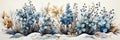 A painting of a bunch of flowers in the snow. Winter decorative border.