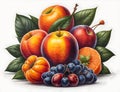 A painting of a bunch of fruit on a table, highly detailed art.