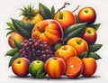 A painting of a bunch of fruit on a table, highly detailed art.