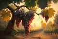 A painting of a bunch of grapes hanging from a tree branch in a vineyard at sunset or dawn with the sun setting Royalty Free Stock Photo