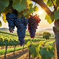 painting of bunch of grapes hanging from tree branch in vineyard at sunset Royalty Free Stock Photo