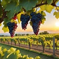 painting of bunch of grapes hanging from tree branch in vineyard at sunset Royalty Free Stock Photo