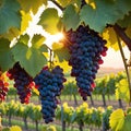 painting of bunch of grapes hanging from tree branch in vineyard at sunset Royalty Free Stock Photo