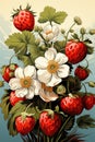 A painting of a bunch of strawberries and flowers.