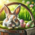 Painting of Bunny in Basket With Easter Eggs Royalty Free Stock Photo