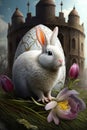 A painting of a bunny and a blue easter egg. Royalty Free Stock Photo
